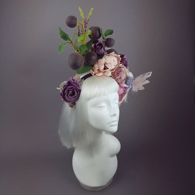 "Fleur De Prunier" Pink Purple Plum & Floral Rose Headpiece with Crystal Bird