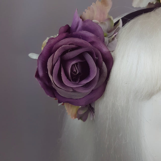 "Fleur De Prunier" Pink Purple Plum & Floral Rose Headpiece with Crystal Bird