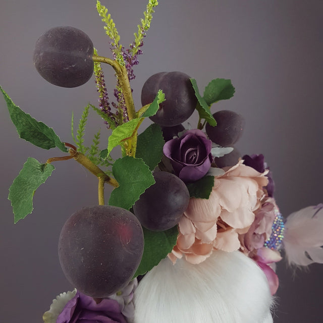 "Fleur De Prunier" Pink Purple Plum & Floral Rose Headpiece with Crystal Bird