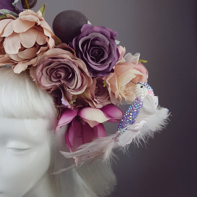 "Fleur De Prunier" Pink Purple Plum & Floral Rose Headpiece with Crystal Bird