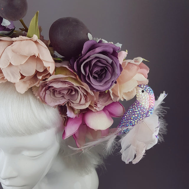 "Fleur De Prunier" Pink Purple Plum & Floral Rose Headpiece with Crystal Bird