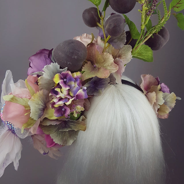 "Fleur De Prunier" Pink Purple Plum & Floral Rose Headpiece with Crystal Bird