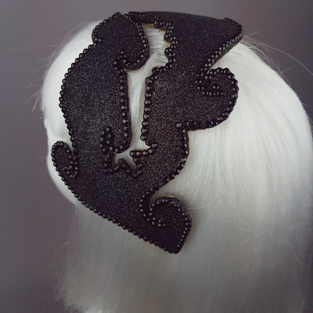 "Dame" Black Glitter Vintage Headpiece