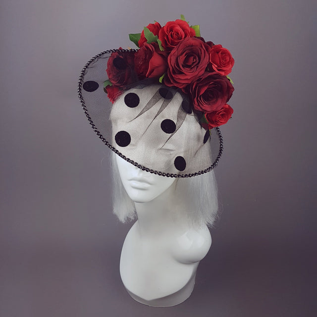 "Rosetta" Polka-dot veil Red Rose Hat