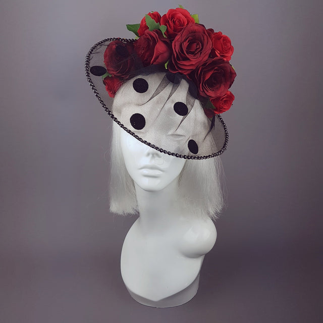 "Rosetta" Polka-dot veil Red Rose Hat