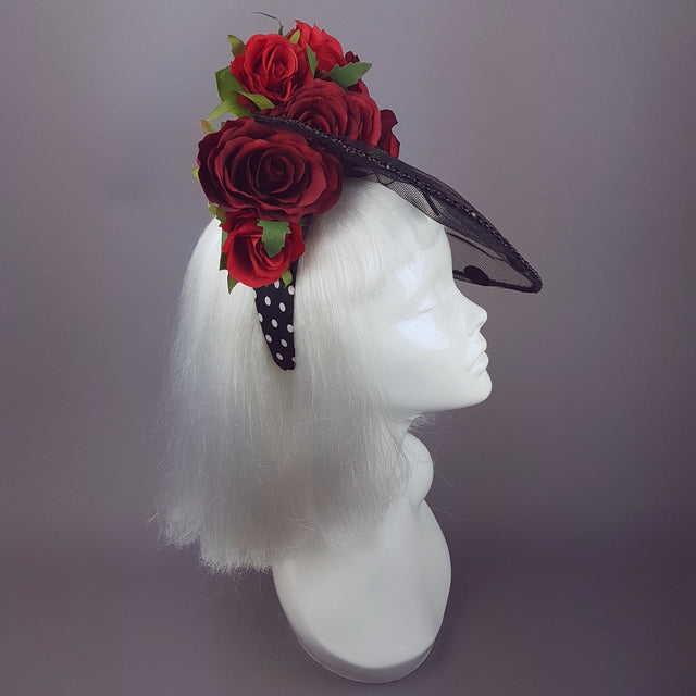"Rosetta" Polka-dot veil Red Rose Hat