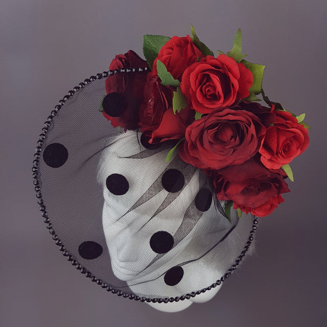 "Rosetta" Polka-dot veil Red Rose Hat