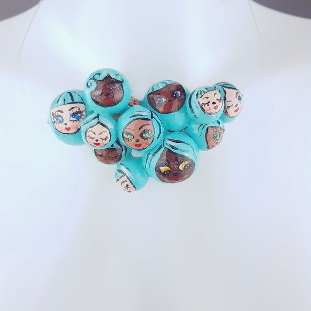 "Aqua Poppets" Blue Bubble DollFace Necklace
