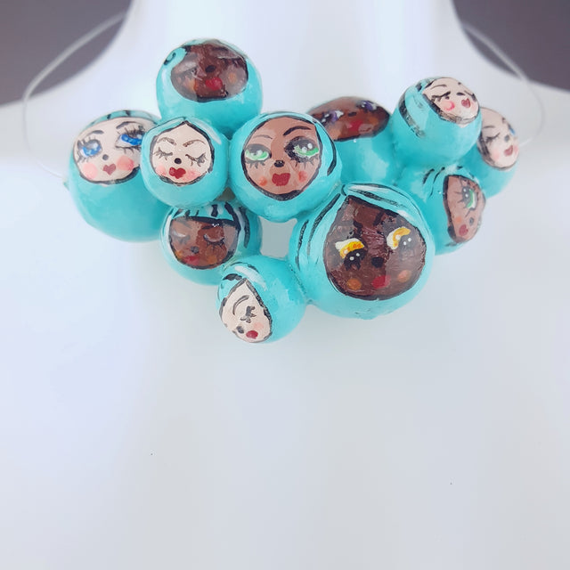 "Aqua Poppets" Blue Bubble DollFace Necklace