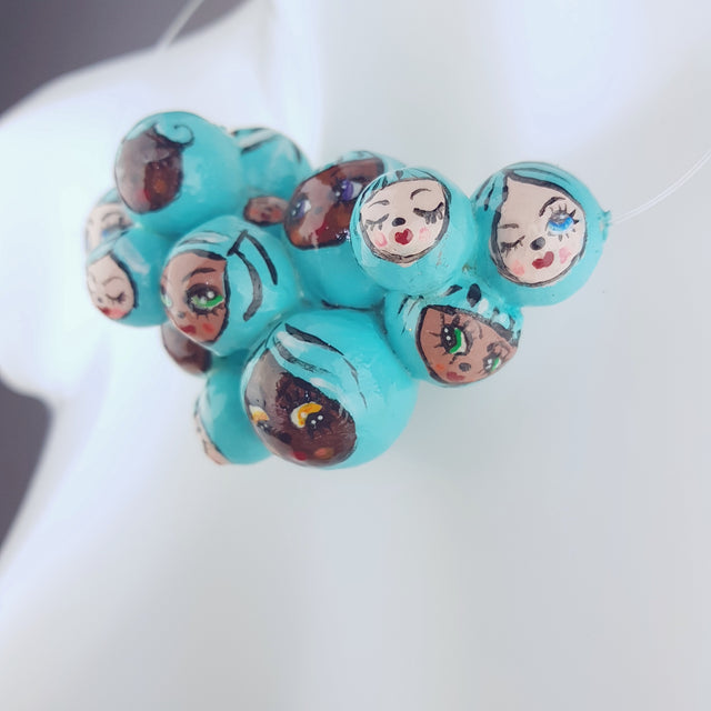 "Aqua Poppets" Blue Bubble DollFace Necklace