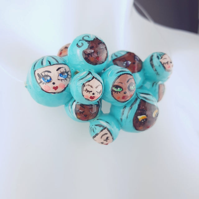"Aqua Poppets" Blue Bubble DollFace Necklace