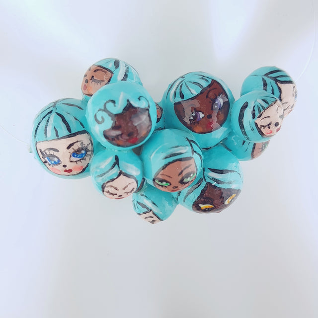 "Aqua Poppets" Blue Bubble DollFace Necklace