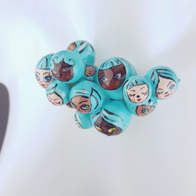 "Aqua Poppets" Blue Bubble DollFace Necklace