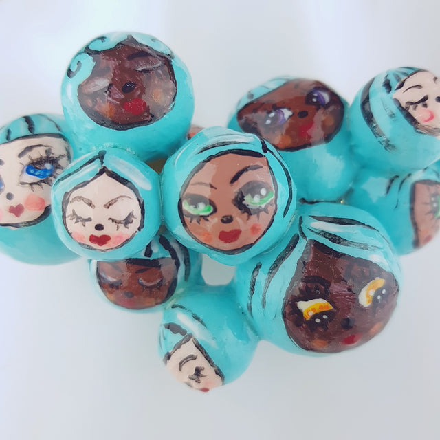 "Aqua Poppets" Blue Bubble DollFace Necklace