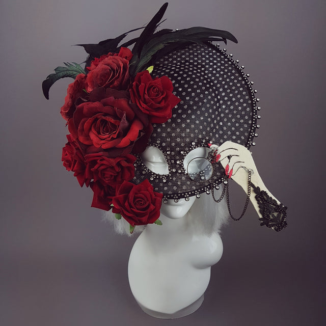 "Eccentricity" Black and white Polka dot, Rose Feather Hat Mask