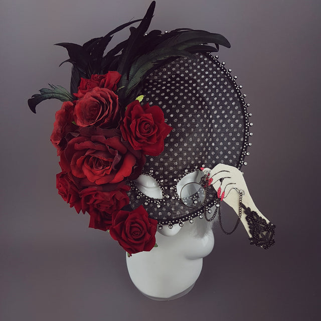 "Eccentricity" Black and white Polka dot, Rose Feather Hat Mask