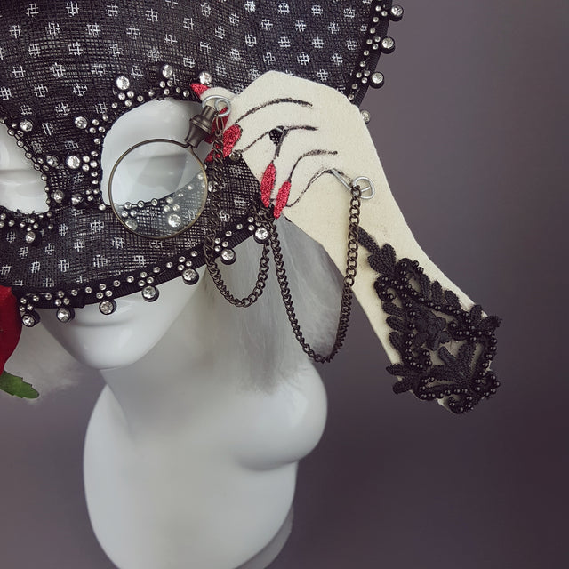 "Eccentricity" Black and white Polka dot, Rose Feather Hat Mask