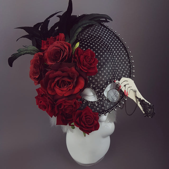 "Eccentricity" Black and white Polka dot, Rose Feather Hat Mask