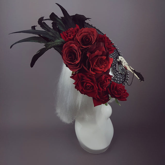 "Eccentricity" Black and white Polka dot, Rose Feather Hat Mask