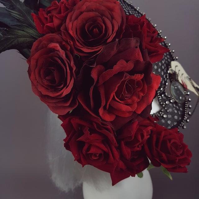 "Eccentricity" Black and white Polka dot, Rose Feather Hat Mask