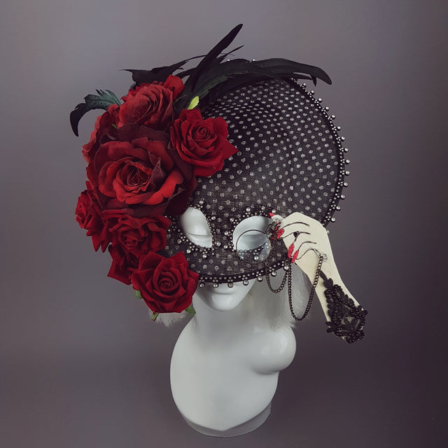 "Eccentricity" Black and white Polka dot, Rose Feather Hat Mask