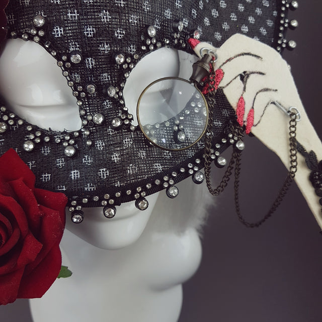 "Eccentricity" Black and white Polka dot, Rose Feather Hat Mask