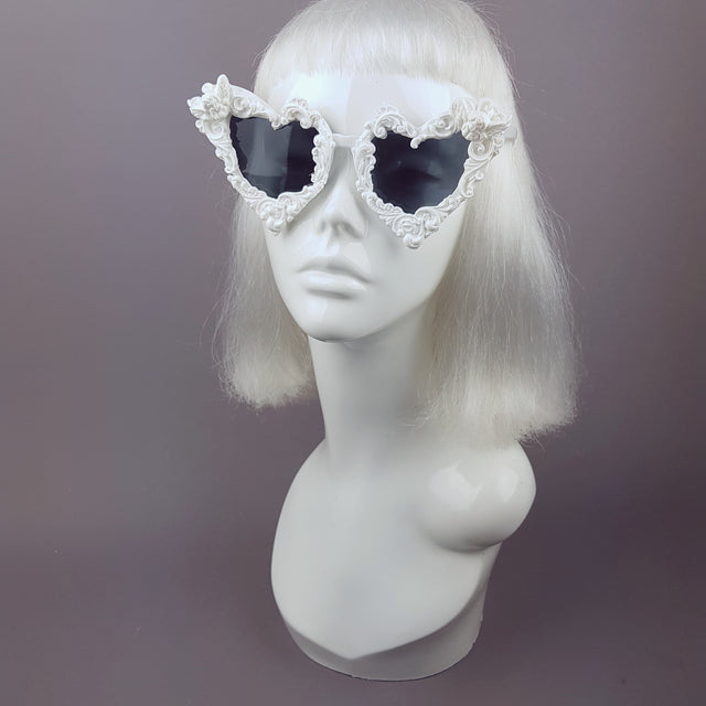 "Madame de Pompadour" White Filigree Heart Shaped Sunglasses