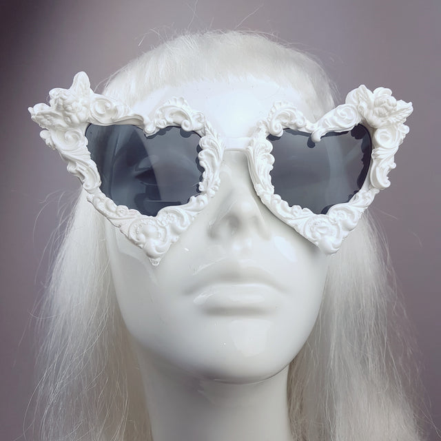 "Madame de Pompadour" White Filigree Heart Shaped Sunglasses