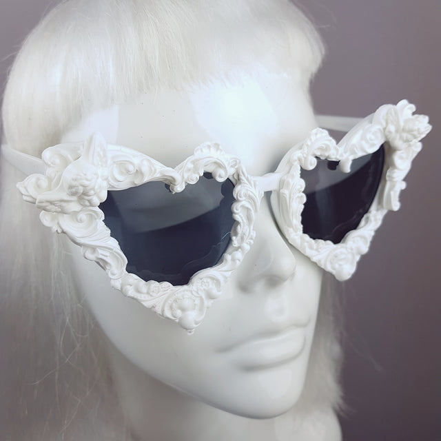 "Madame de Pompadour" White Filigree Heart Shaped Sunglasses