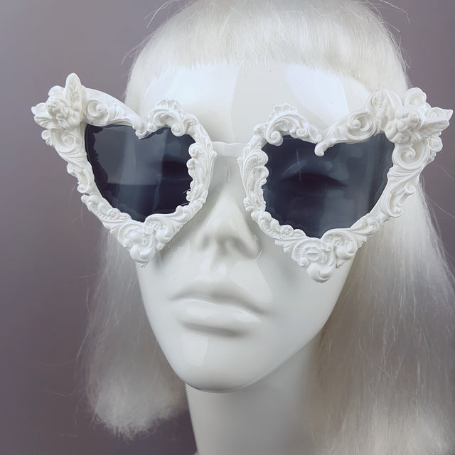 "Madame de Pompadour" White Filigree Heart Shaped Sunglasses