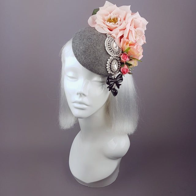"Melisande" Grey & Pink Rose Headpiece with Jewels