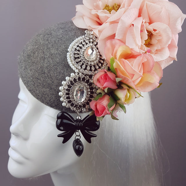 "Melisande" Grey & Pink Rose Headpiece with Jewels