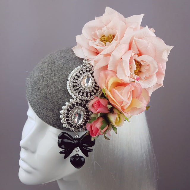 "Melisande" Grey & Pink Rose Headpiece with Jewels