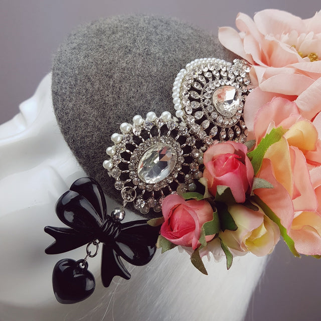 "Melisande" Grey & Pink Rose Headpiece with Jewels