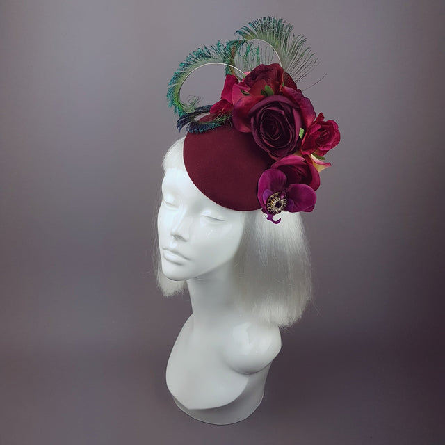 "Tiana" Deep Pink/Red Rose Headpiece with Peacock Feathers