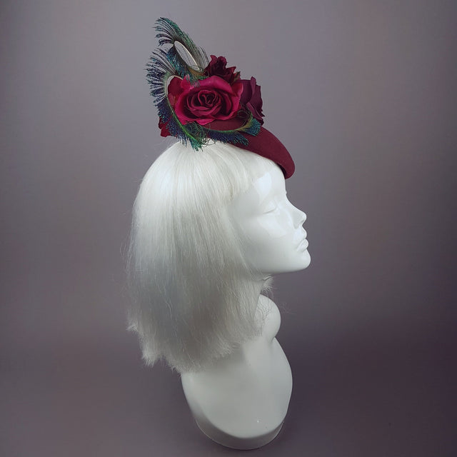 "Tiana" Deep Pink/Red Rose Headpiece with Peacock Feathers