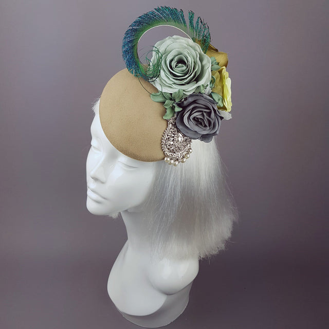 "Alexandra" Bohemian Rose Headpiece with Peacock Feathers