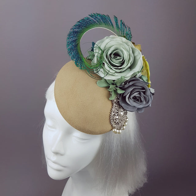 "Alexandra" Bohemian Rose Headpiece with Peacock Feathers