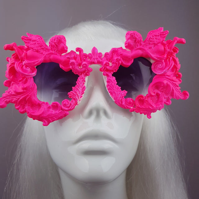 "Démoniaque" Neon Pink Filigree & Cherub Sunglasses