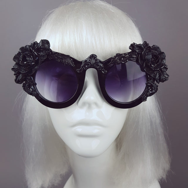 Pearls & Swine Black Rose Filigree Ornate Sunglasses "Amaris"