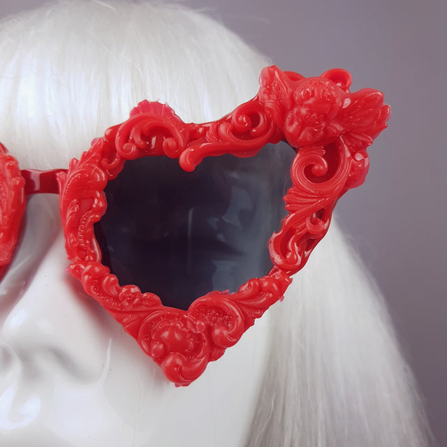 "Scarlett" Red Baroque Heart Shaped Sunglasses