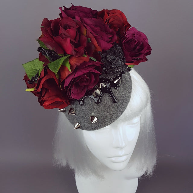 "Hecate" Red Rose, Black Filigree & Spikes Hat