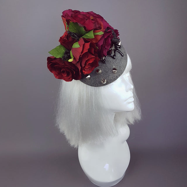 "Hecate" Red Rose, Black Filigree & Spikes Hat