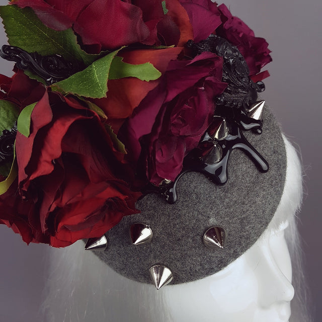 "Hecate" Red Rose, Black Filigree & Spikes Hat