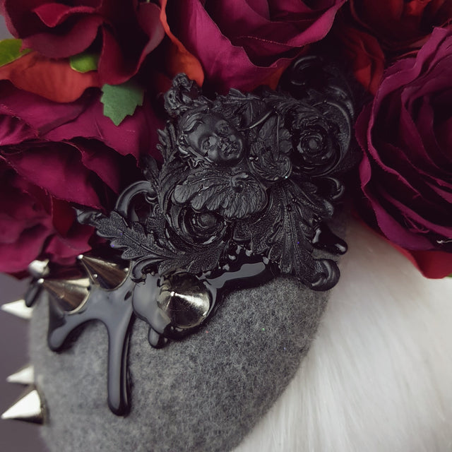 "Hecate" Red Rose, Black Filigree & Spikes Hat