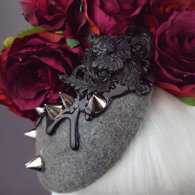 "Hecate" Red Rose, Black Filigree & Spikes Hat