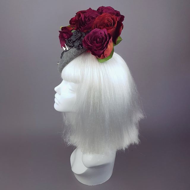 "Hecate" Red Rose, Black Filigree & Spikes Hat