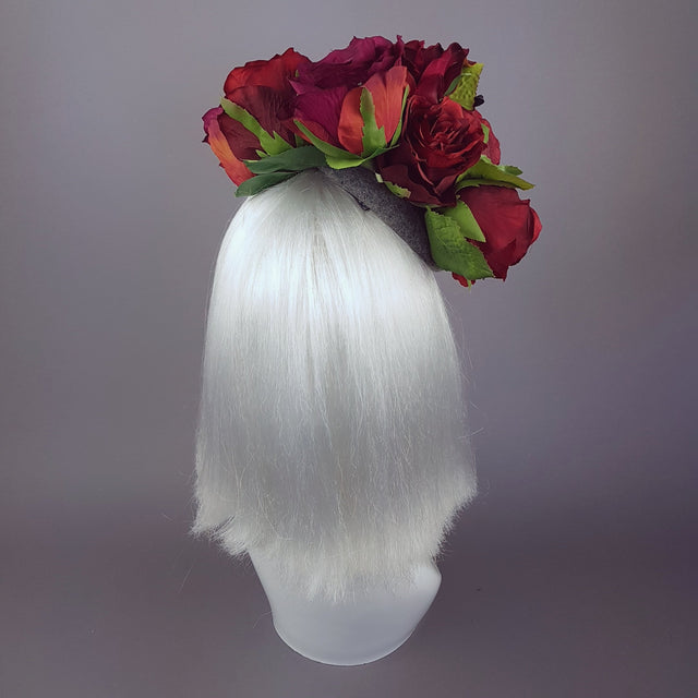 "Hecate" Red Rose, Black Filigree & Spikes Hat