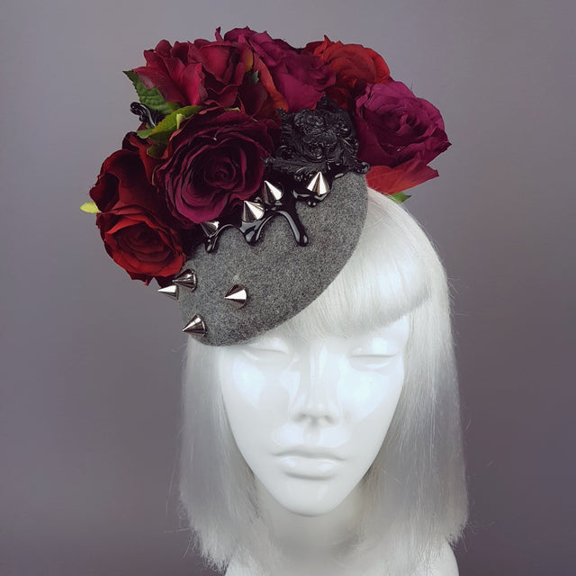 "Hecate" Red Rose, Black Filigree & Spikes Hat