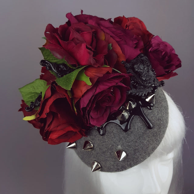 "Hecate" Red Rose, Black Filigree & Spikes Hat